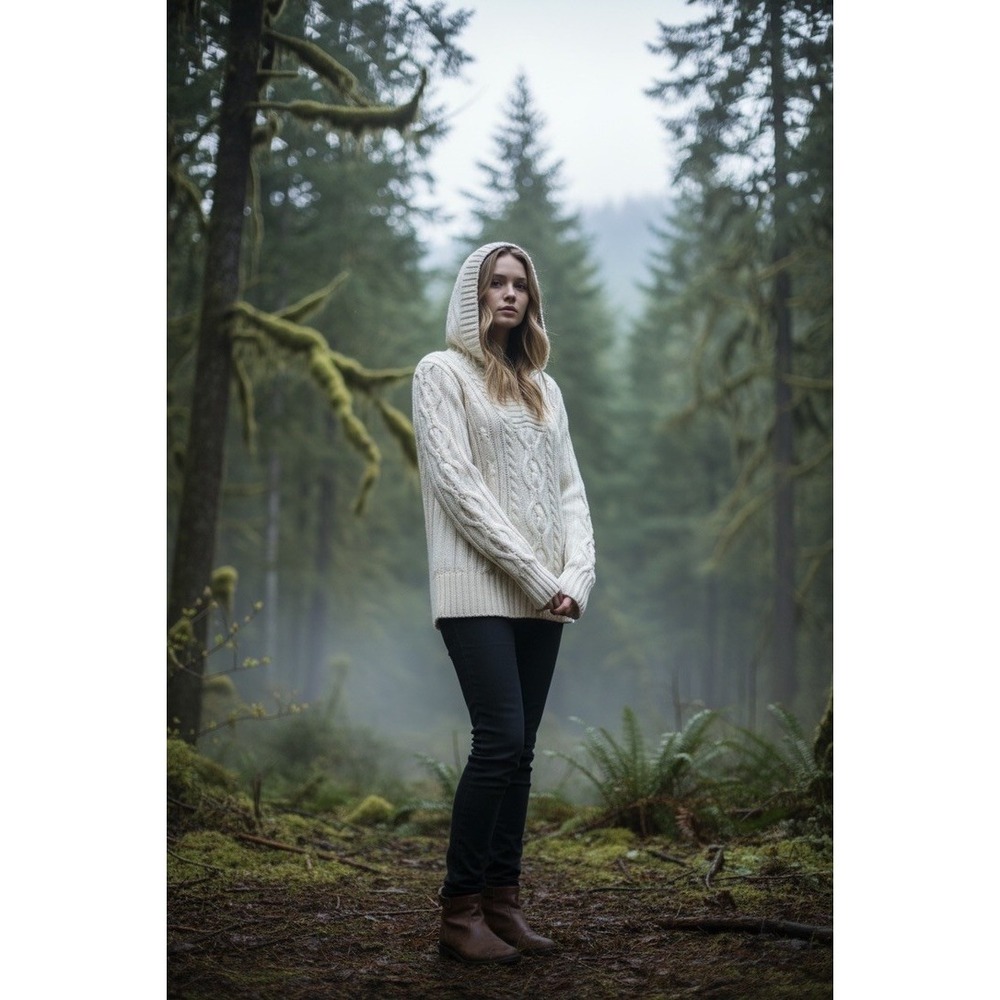 "Daisy Fuentes" White Cable Knit Hooded Sweater‎ Womens Petite M Y2K Fisherman